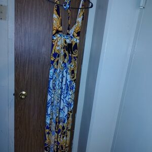 Fashion Nova Blue and Gold Backless Dress